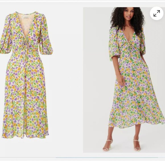 Nicholas NEW Danielle Lace Up Ruched Crepe Midi Dress In Whistledown Floral Sz 6 - Picture 4 of 5